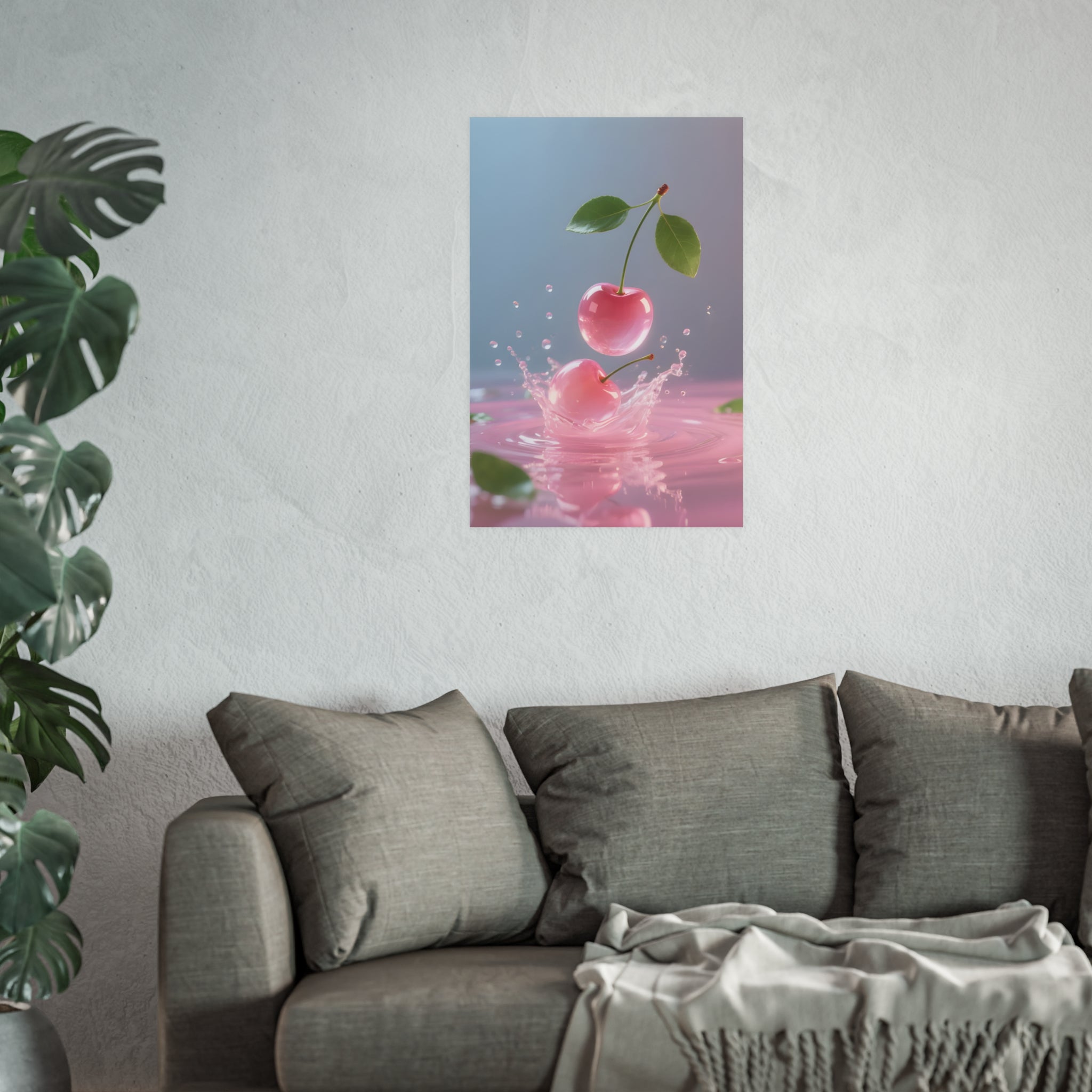 Pink Cherry Splash Art Poster — Satin or Archival Matte Wall Print