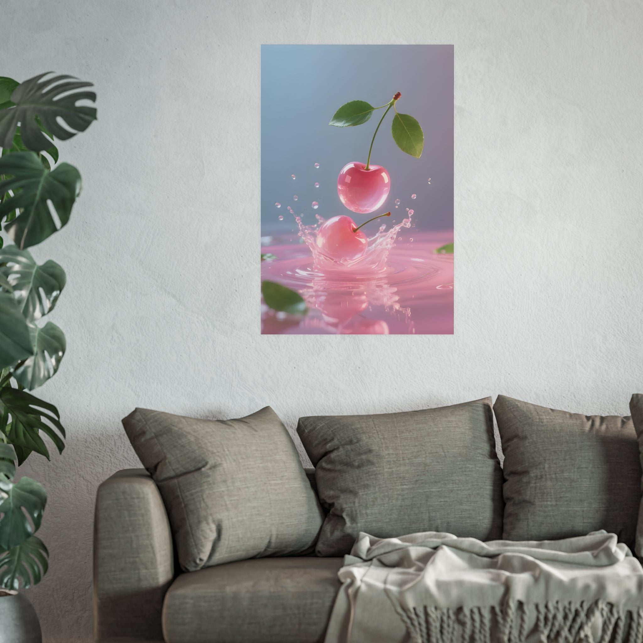 Pink Cherry Splash Art Poster — Satin or Archival Matte Wall Print