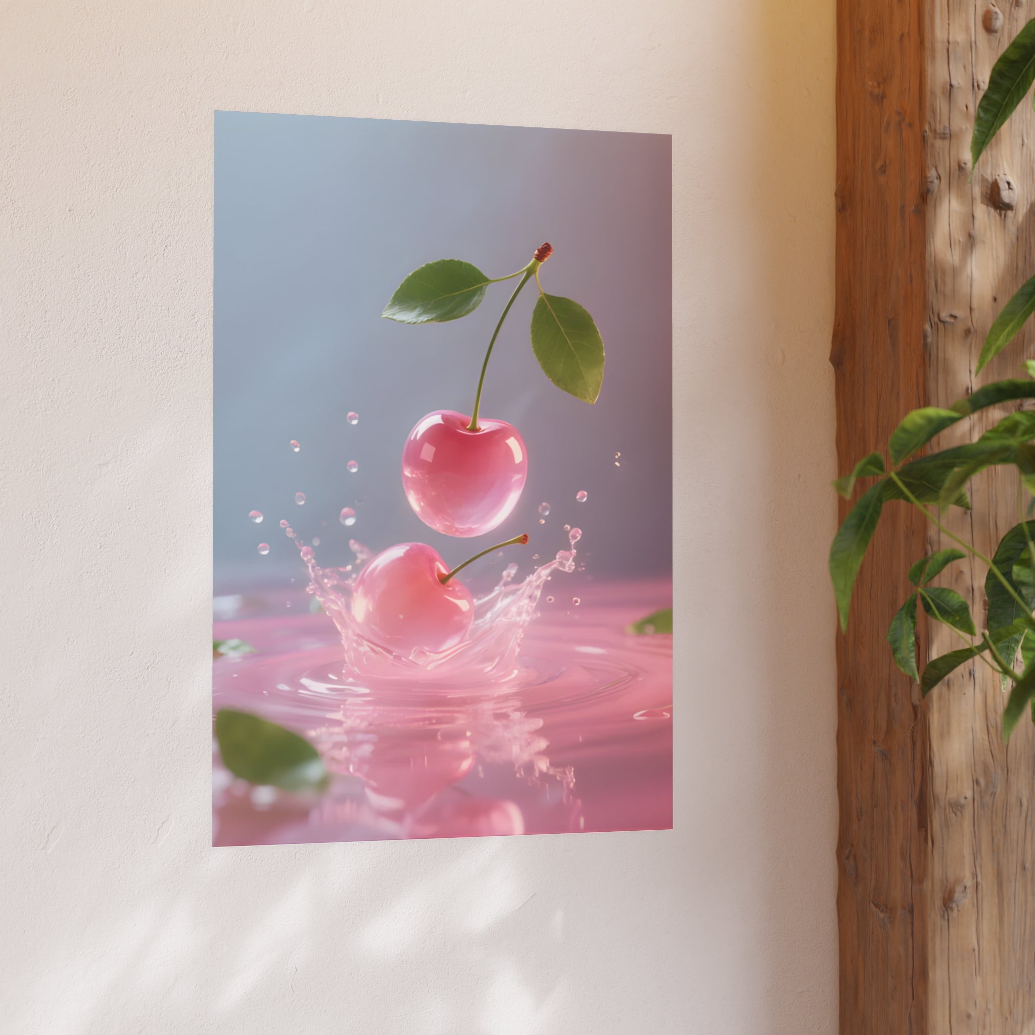 Pink Cherry Splash Art Poster — Satin or Archival Matte Wall Print
