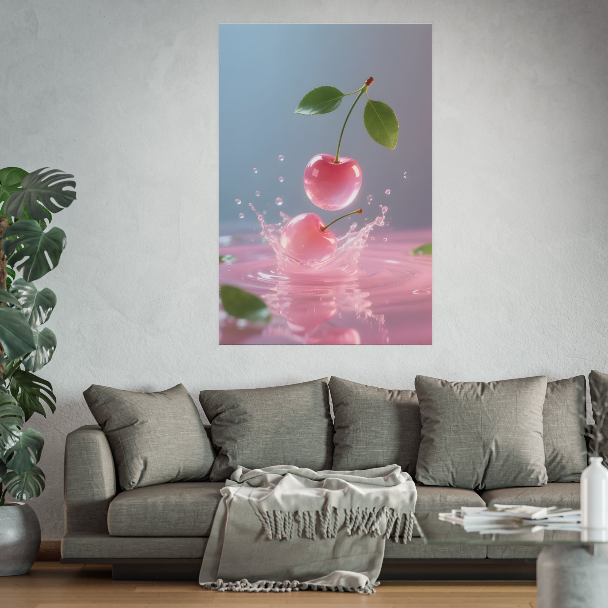 Pink Cherry Splash Art Poster — Satin or Archival Matte Wall Print